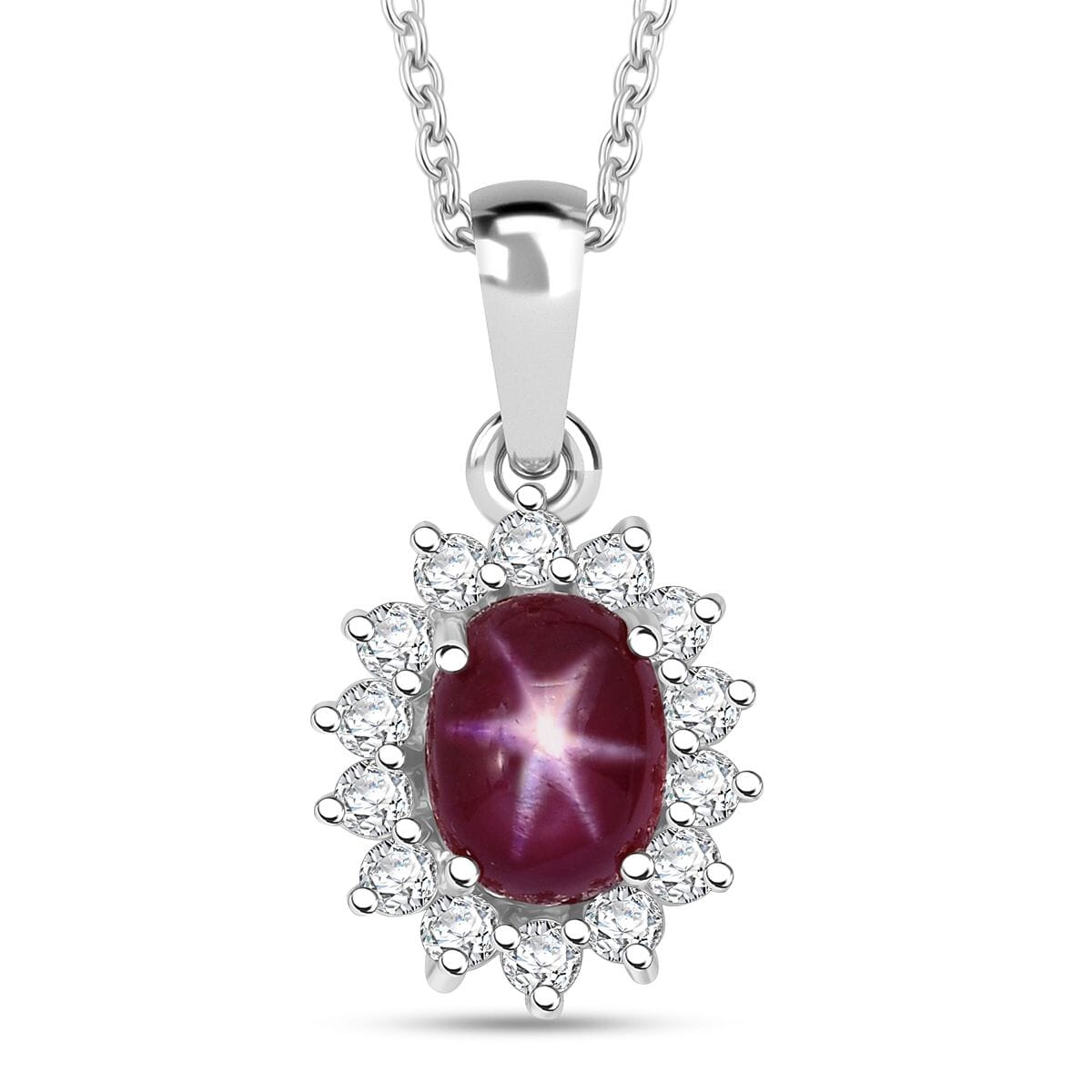 Premium Indian Star Ruby and White Zircon 2.75 ctw Sunburst Pendant Necklace in Rhodium Over Sterling Silver 20 Inches image number 0