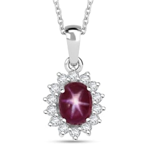 Premium Indian Star Ruby and White Zircon 2.75 ctw Sunburst Pendant Necklace in Rhodium Over Sterling Silver 20 Inches