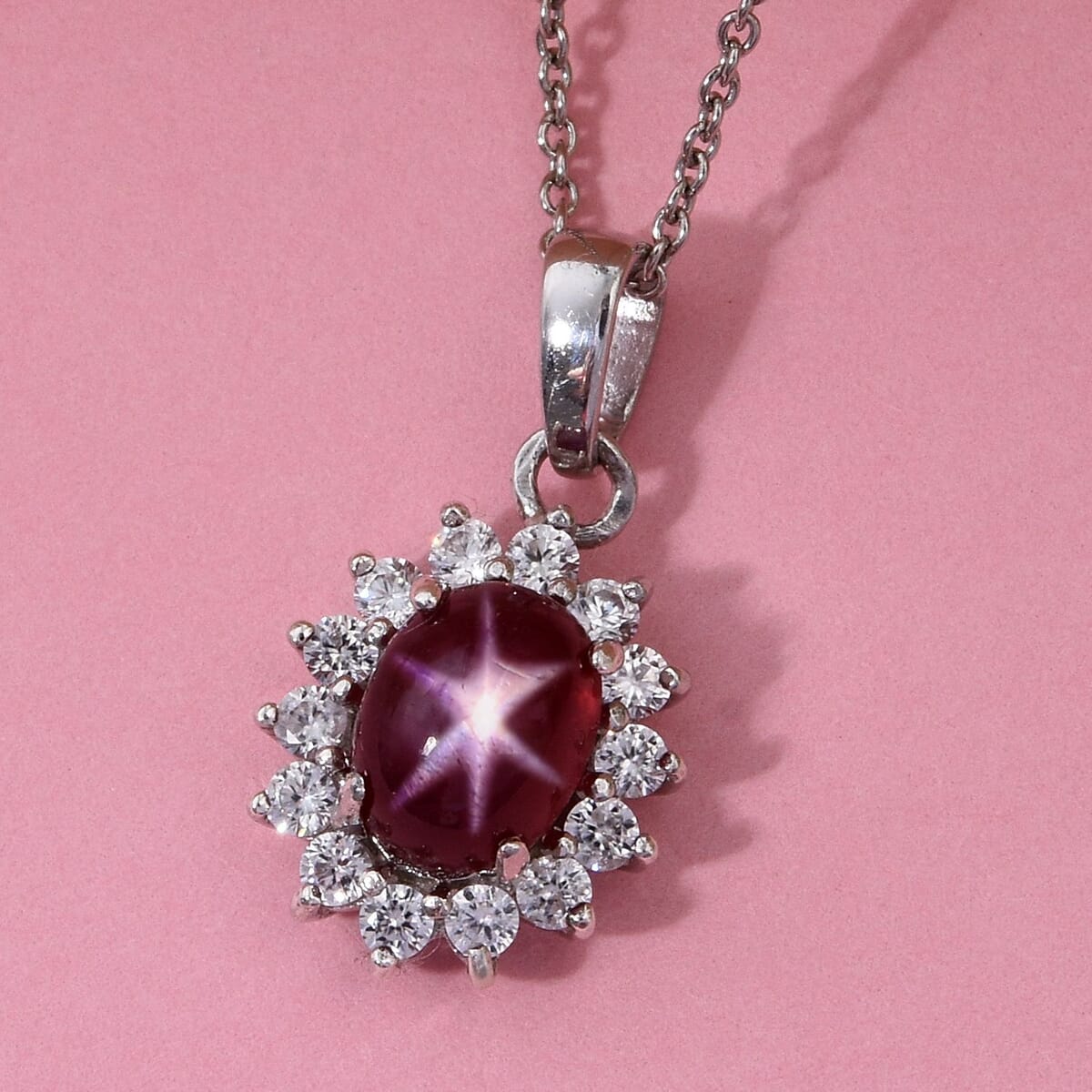 Premium Indian Star Ruby and White Zircon 2.75 ctw Sunburst Pendant Necklace in Rhodium Over Sterling Silver 20 Inches image number 1