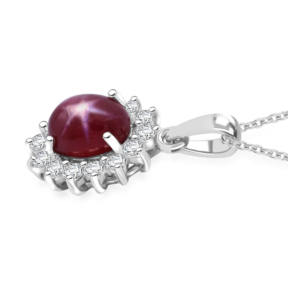 Premium Indian Star Ruby and White Zircon 2.75 ctw Sunburst Pendant Necklace in Rhodium Over Sterling Silver 20 Inches image number 3
