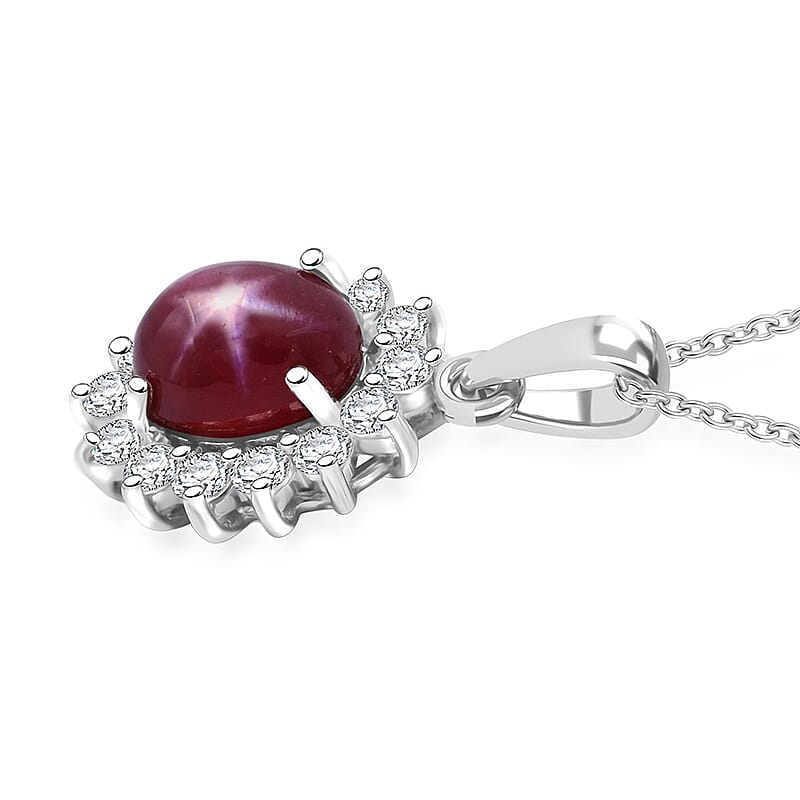 Premium Indian Star Ruby and White Zircon 2.75 ctw Sunburst Pendant Necklace in Rhodium Over Sterling Silver 20 Inches
