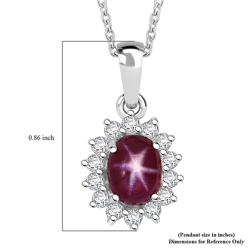 Premium Indian Star Ruby and White Zircon 2.75 ctw Sunburst Pendant Necklace in Rhodium Over Sterling Silver 20 Inches