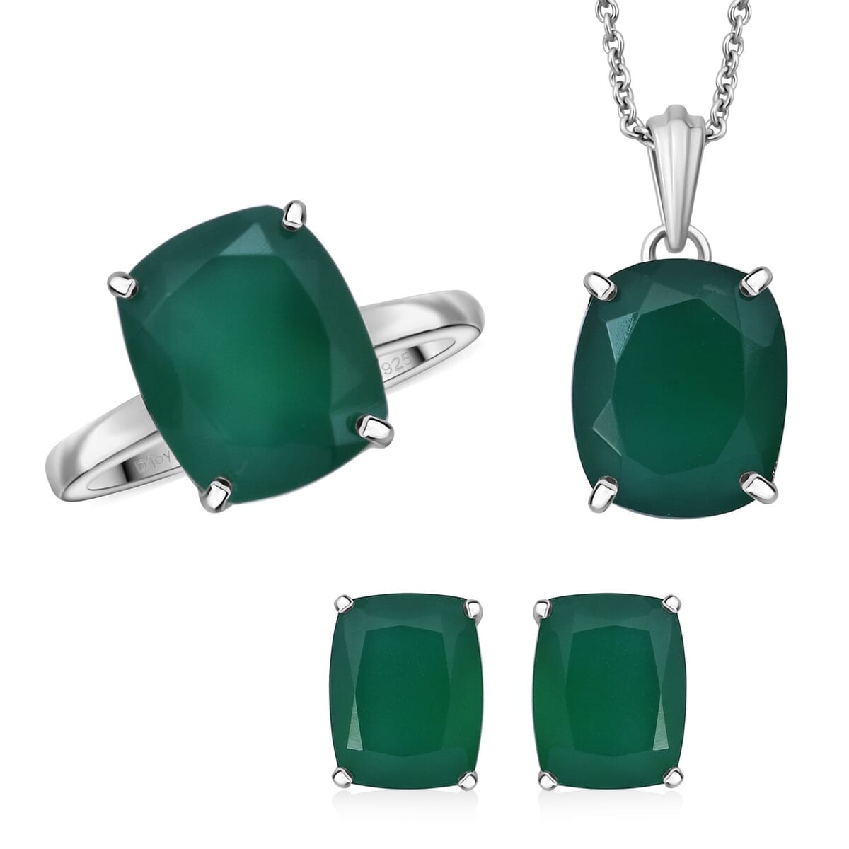 Verde Onyx 13.40 ctw Stud Earrings, Solitaire Ring (Size 5.0) and Pendant in Rhodium Over Sterling Silver with Stainless Steel Necklace 18 Inches image number 0
