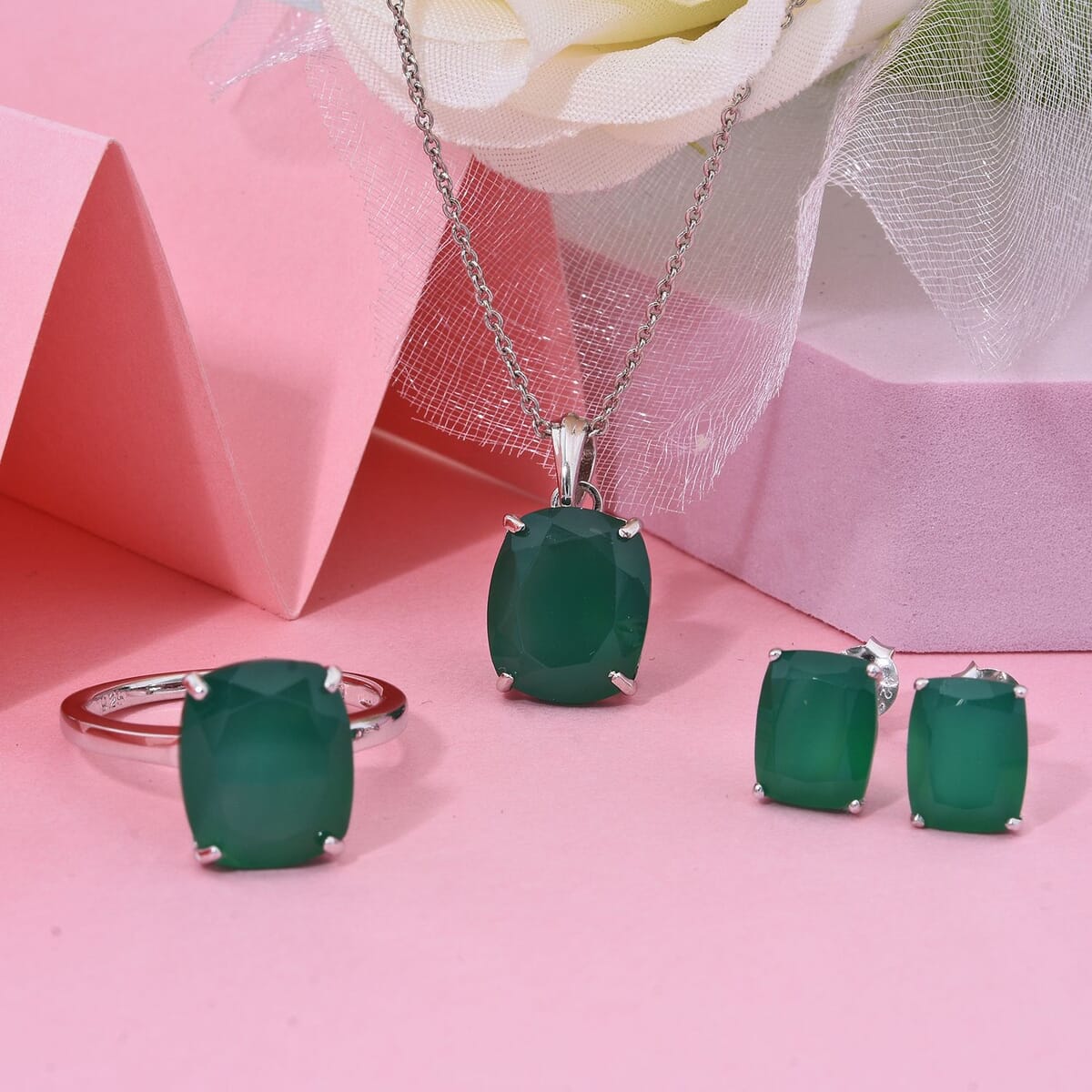 Verde Onyx 13.40 ctw Stud Earrings, Solitaire Ring (Size 5.0) and Pendant in Rhodium Over Sterling Silver with Stainless Steel Necklace 18 Inches image number 1