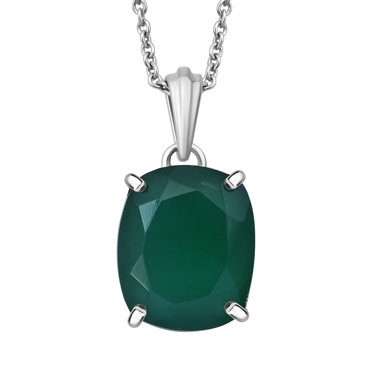 Verde Onyx 13.40 ctw Stud Earrings, Solitaire Ring (Size 5.0) and Pendant in Rhodium Over Sterling Silver with Stainless Steel Necklace 18 Inches image number 5