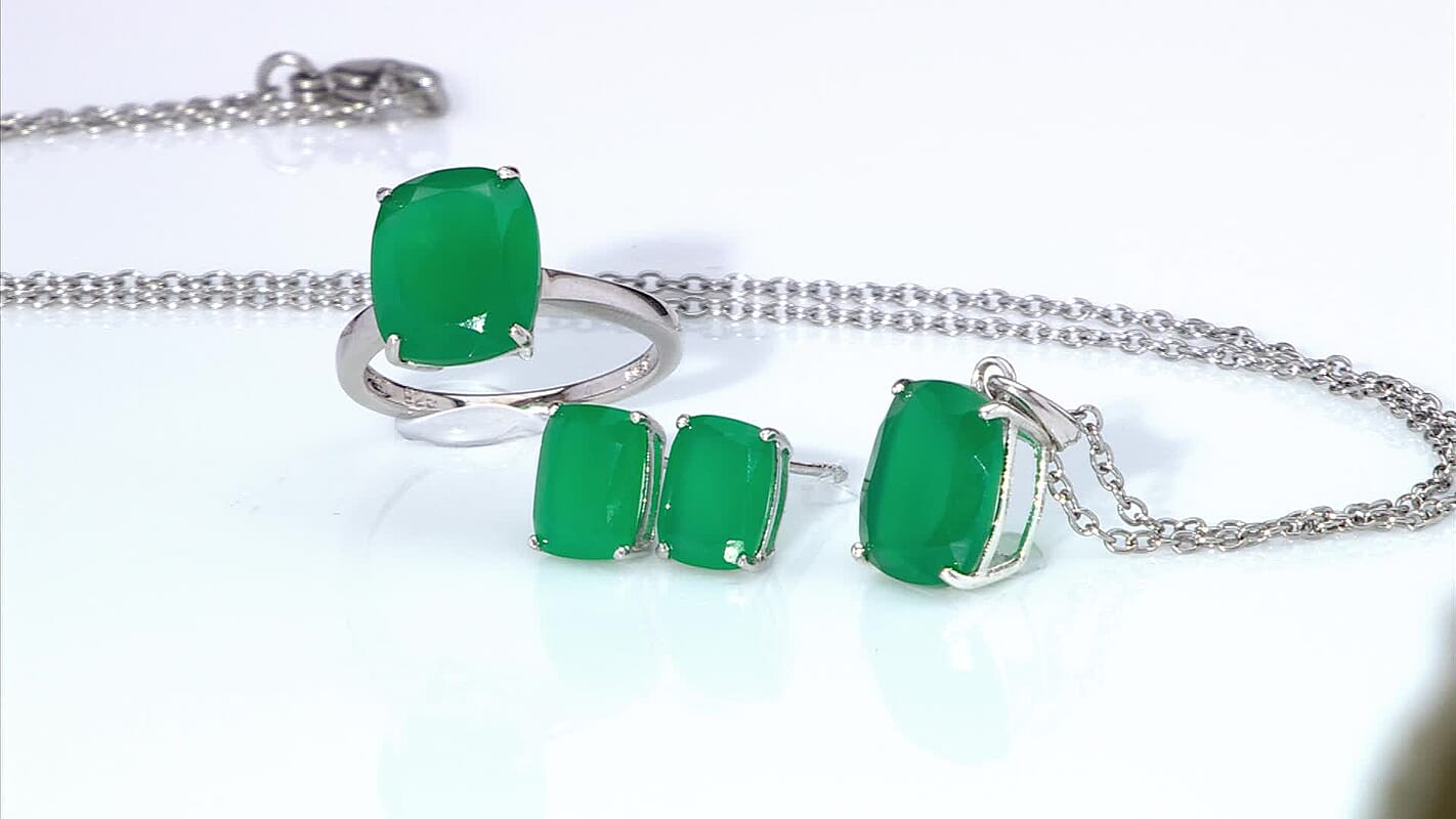 Verde Onyx Stud Earrings, Solitaire Ring (Size 6.0) and Pendant in Rhodium Over Sterling Silver with Stainless Steel Necklace (18 Inches) 13.40 ctw