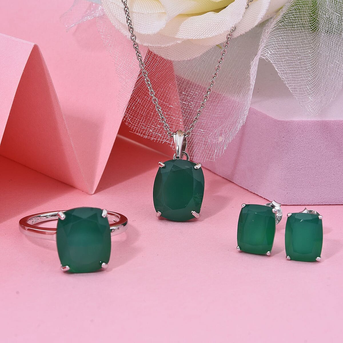 Verde Onyx 13.40 ctw Stud Earrings, Solitaire Ring (Size 8.0) and Pendant in Rhodium Over Sterling Silver with Stainless Steel Necklace 18 Inches image number 1