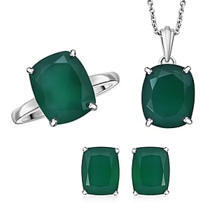 Verde Onyx 13.40 ctw Stud Earrings, Solitaire Ring (Size 10.0) and Pendant in Rhodium Over Sterling Silver with Stainless Steel Necklace 18 Inches