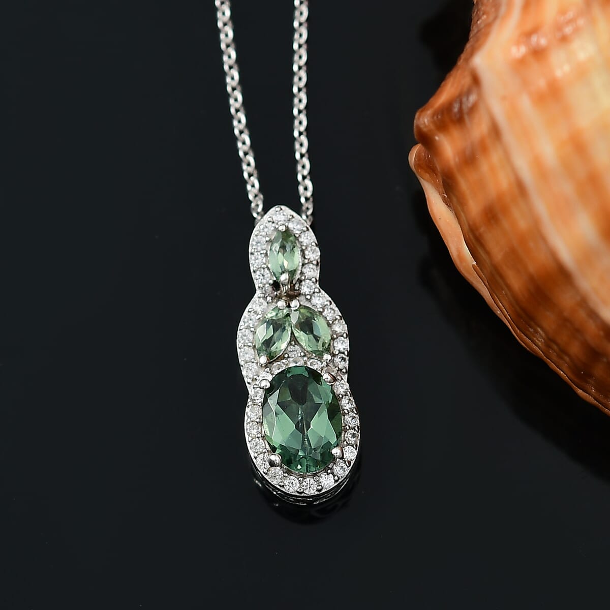 Malagasy Pine Apatite and White Zircon 1.50 ctw Art Deco Pendant Necklace in Rhodium Over Sterling Silver 20 Inches image number 1