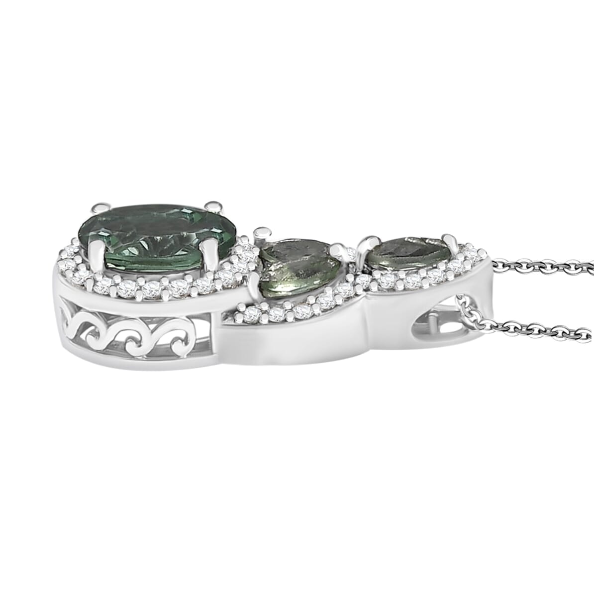 Malagasy Pine Apatite and White Zircon 1.50 ctw Art Deco Pendant Necklace in Rhodium Over Sterling Silver 20 Inches image number 3