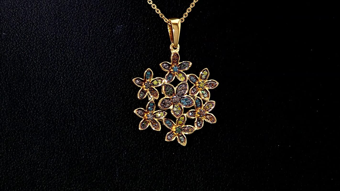 D'Joy Multi Color Diamond 0.50 ctw Blooming Brilliance Pendant Necklace in 18K Vermeil Yellow Gold Over Sterling Silver 20 Inches