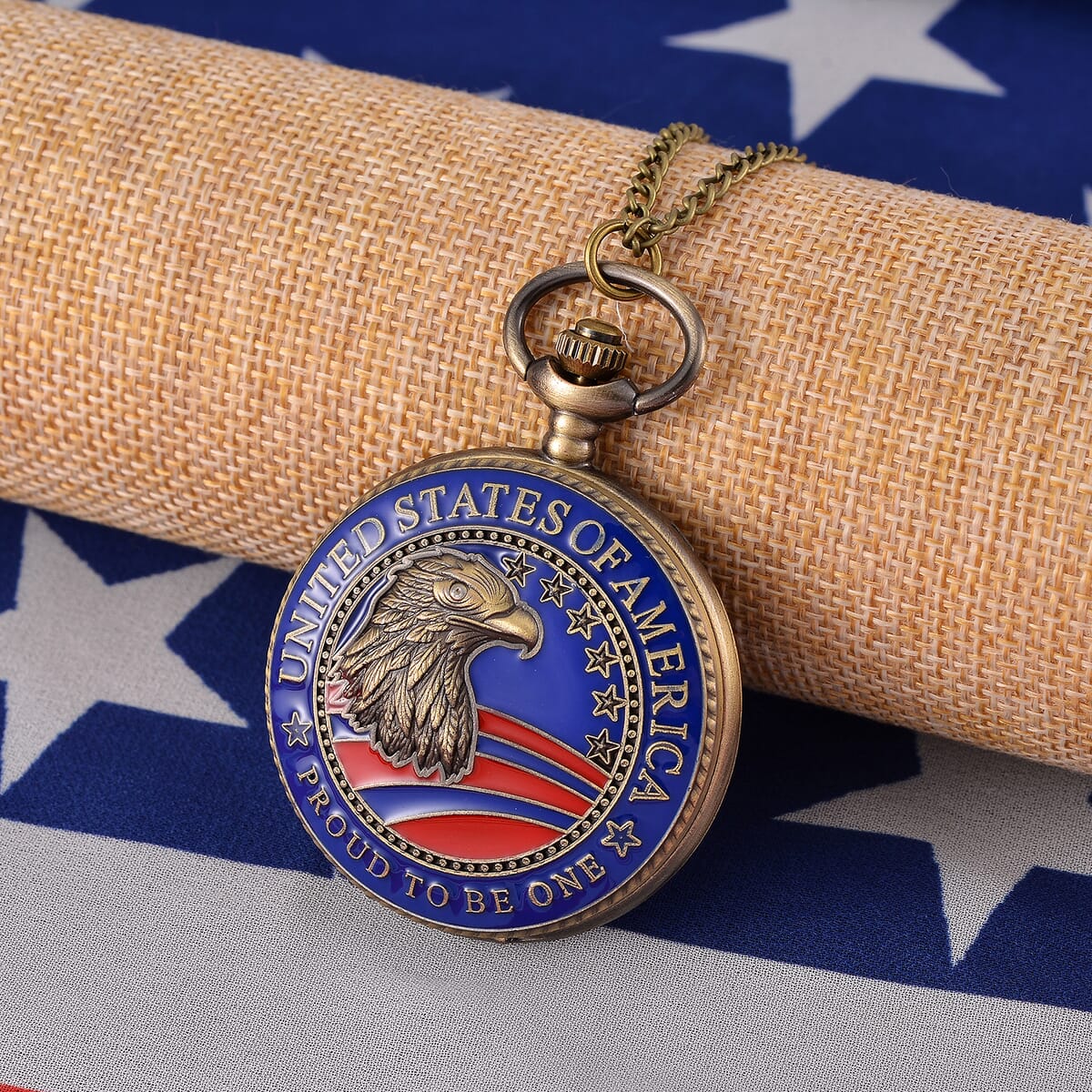 Strada Japanese Movement Coin Eagle Head Pattern Pocket Watch with Chain (36 Inches) and American Flag Pattern Kimono image number 1