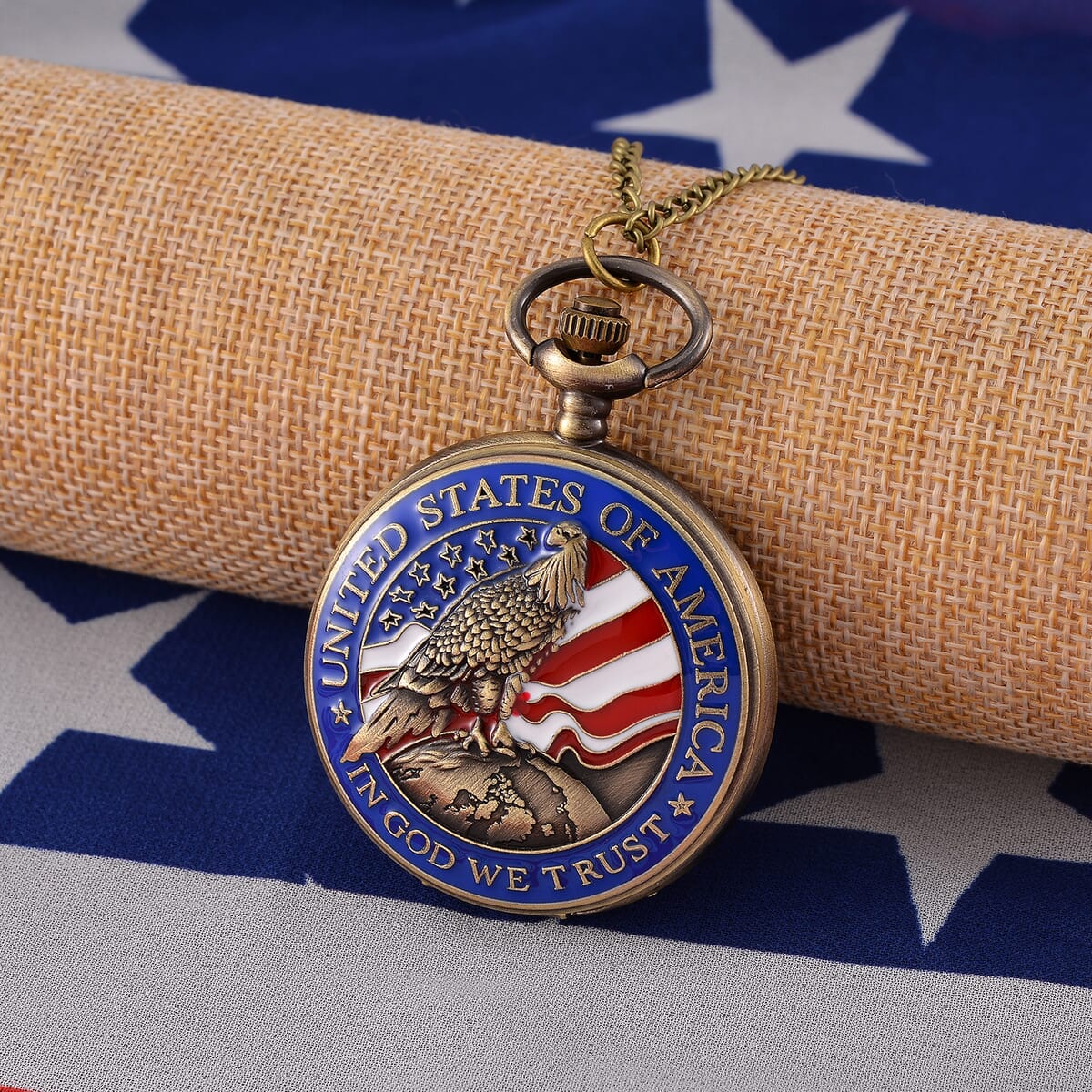 Strada Japanese Movement Eagle with USA Flag Pattern Pocket Watch with Chain (36 Inches) and American Flag Pattern Kimono image number 1