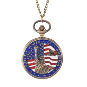 Strada Japanese Movement Statue of Liberty with USA Flag Pattern Pocket Watch with Chain (36 Inches) and American Flag Pattern Kinono