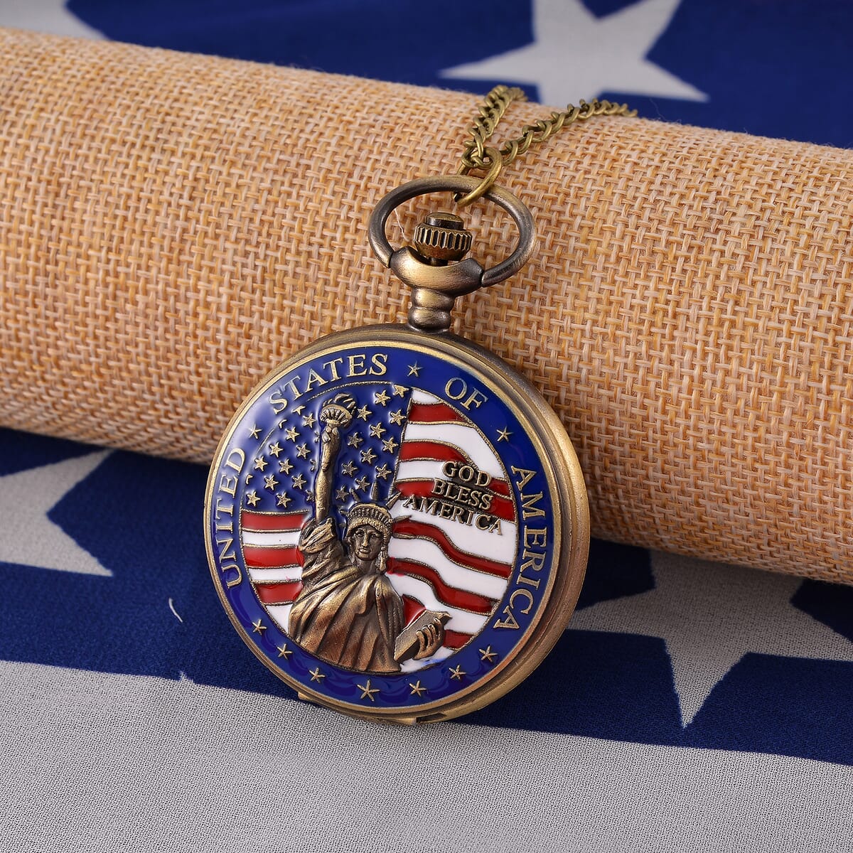 Strada Japanese Movement Statue of Liberty with USA Flag Pattern Pocket Watch with Chain (36 Inches) and American Flag Pattern Kimono image number 1