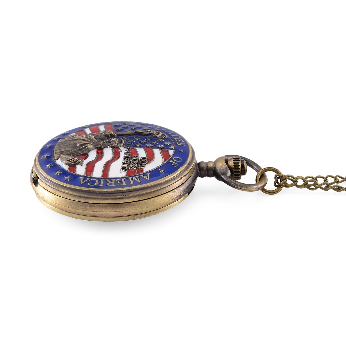 Strada Japanese Movement Statue of Liberty with USA Flag Pattern Pocket Watch with Chain (36 Inches) and American Flag Pattern Kimono image number 6