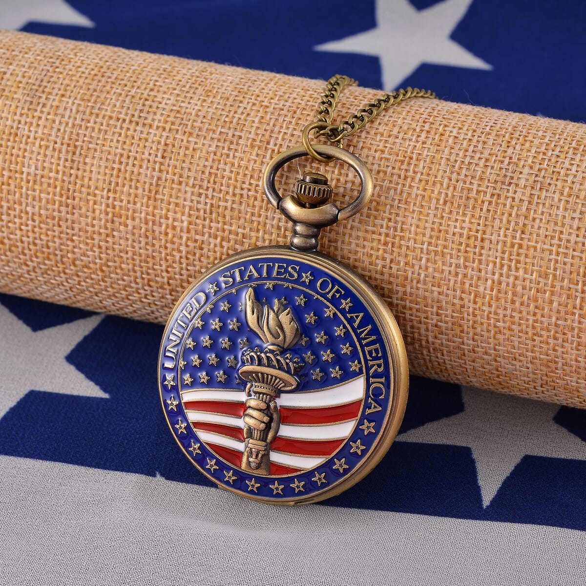 Strada Japanese Movement Torch with USA Flag Pattern Pocket Watch with Chain (36 Inches) and American Flag Pattern Kimono image number 1