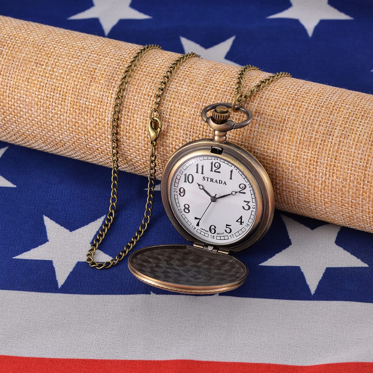 Strada Japanese Movement Eagle Head with USA Flag Pattern Pocket Watch with Chain (36 Inches) and American Flag Pattern Kinono image number 5