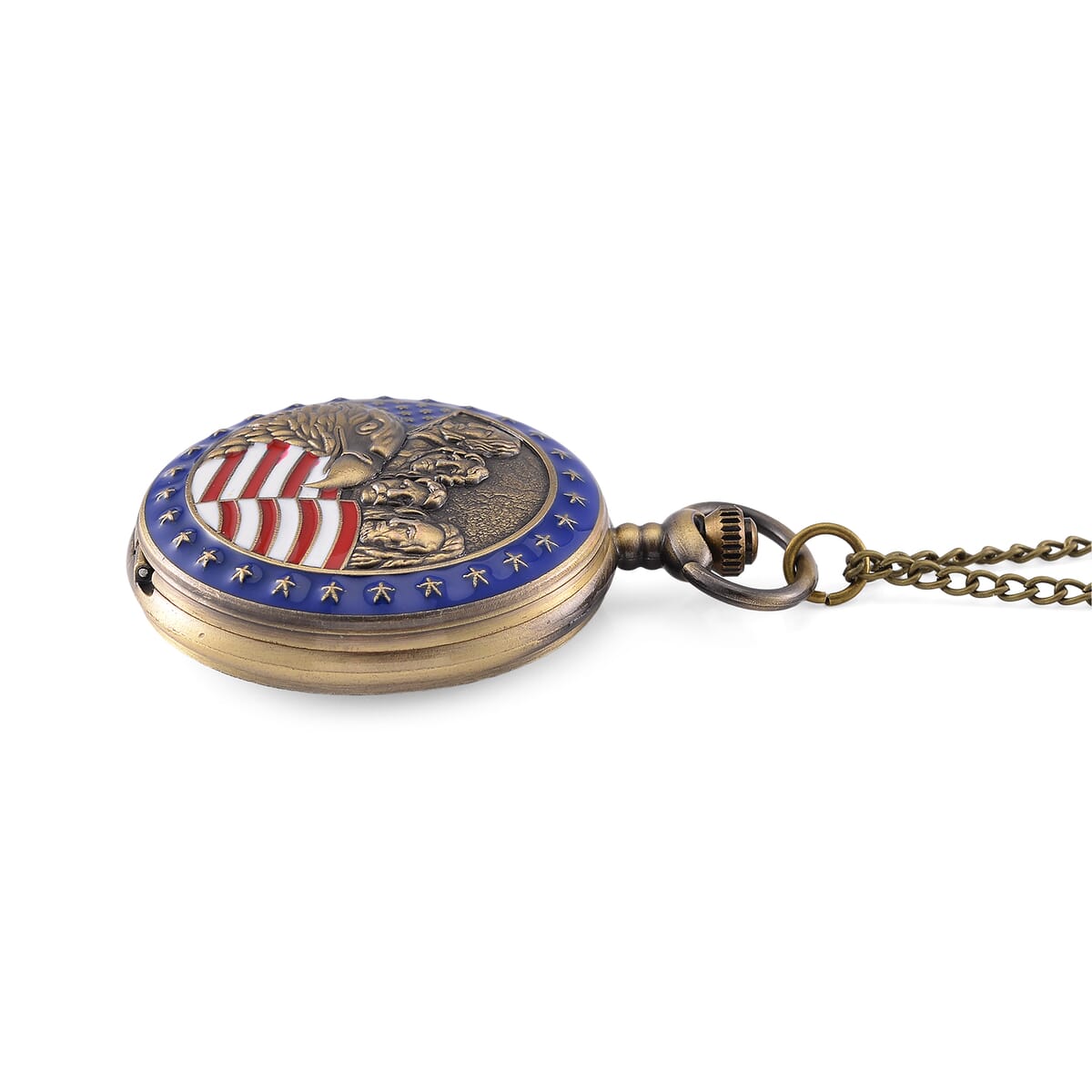 Strada Japanese Movement Eagle Head with USA Flag Pattern Pocket Watch with Chain (36 Inches) and American Flag Pattern Kinono image number 6