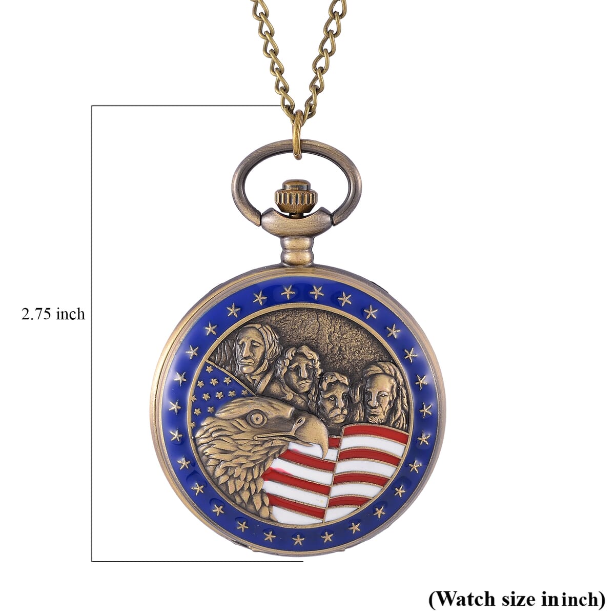 Strada Japanese Movement Eagle Head with USA Flag Pattern Pocket Watch with Chain (36 Inches) and American Flag Pattern Kinono image number 11