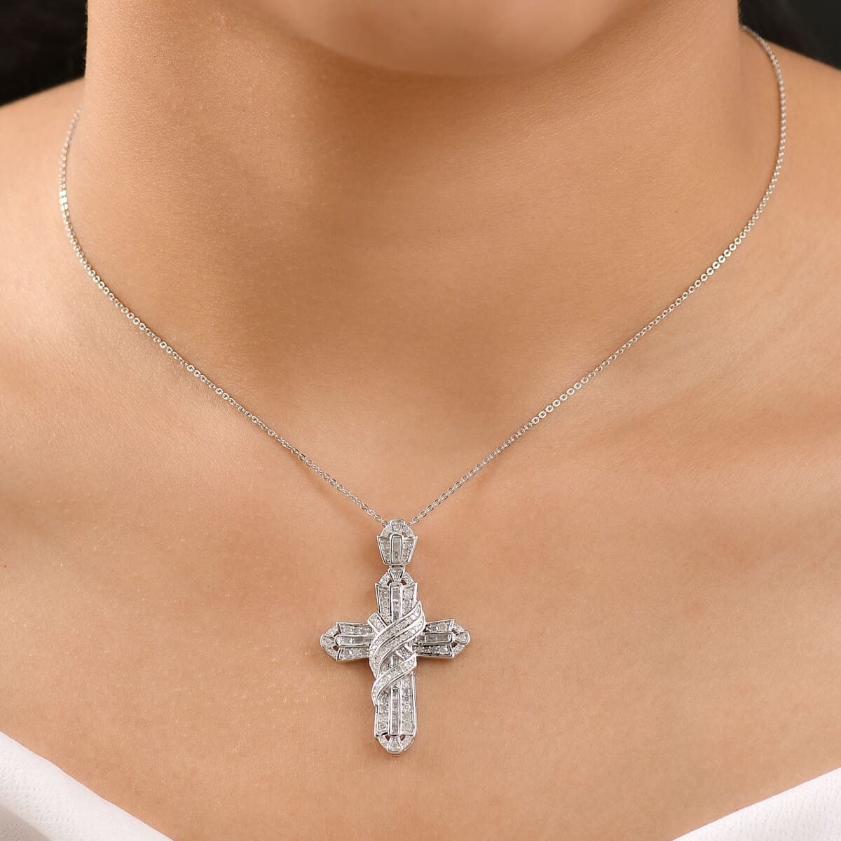 Diamond 1.00 ctw Eternal Cross Pendant Necklace in Rhodium Over Sterling Silver 20 Inches image number 2
