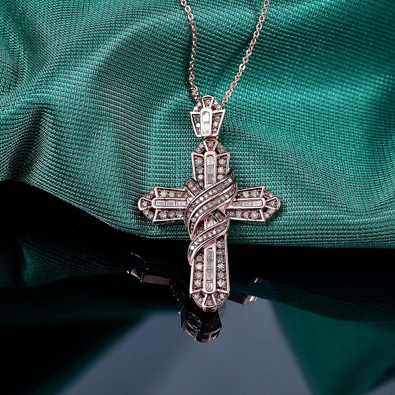 Natural Champagne Diamond 1.00 ctw Eternal Cross Pendant Necklace in 18K Vermeil Rose Gold Over Sterling Silver 20 Inches