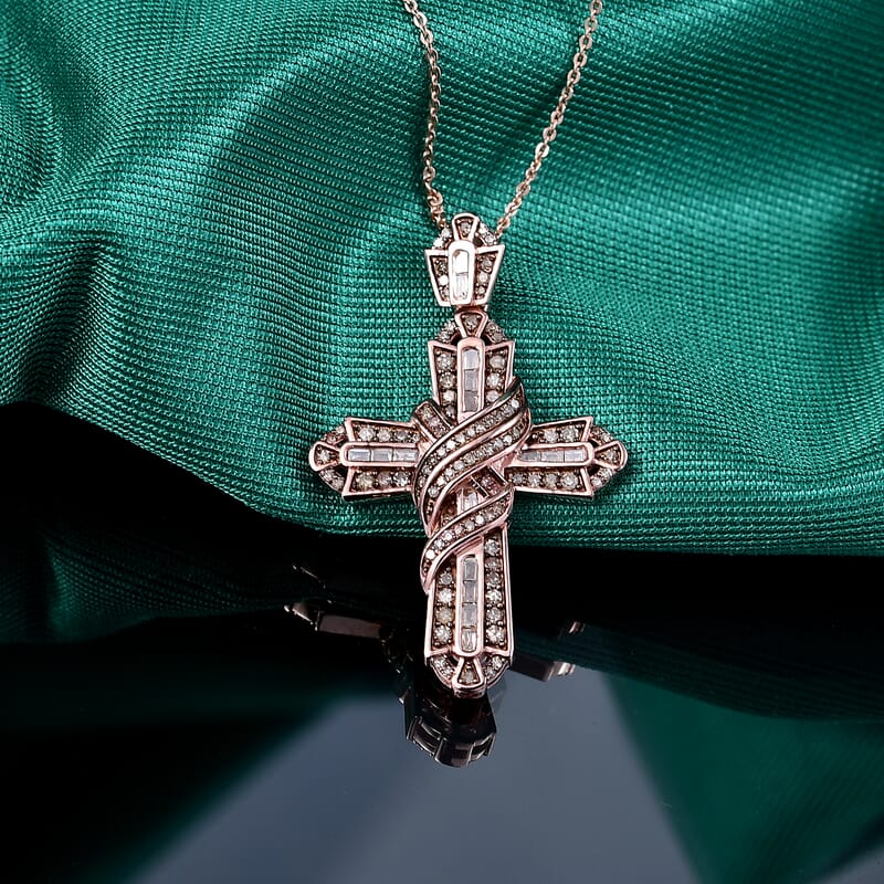 Natural Champagne Diamond 1.00 ctw Eternal Cross Pendant Necklace in 18K Vermeil Rose Gold Over Sterling Silver 20 Inches