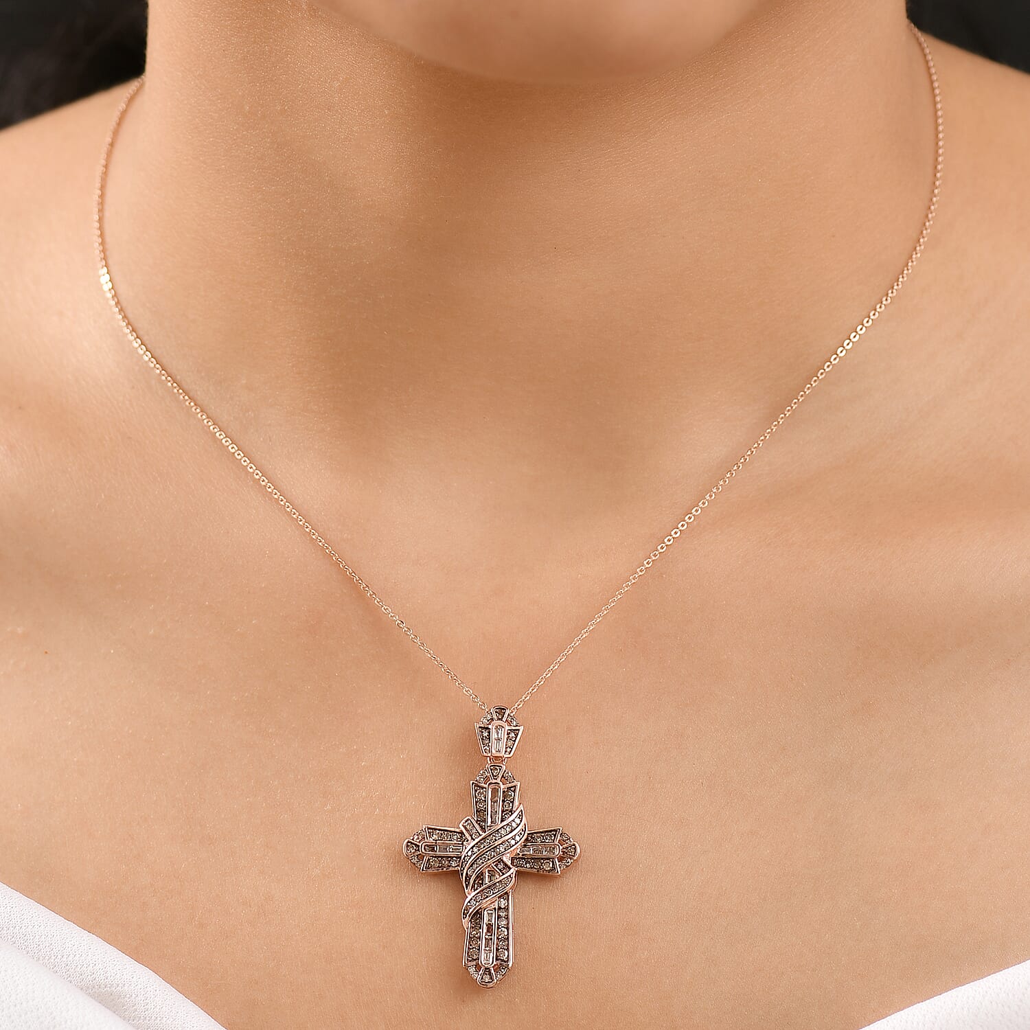 Natural Champagne Diamond 1.00 ctw Eternal Cross Pendant Necklace in 18K Vermeil Rose Gold Over Sterling Silver 20 Inches