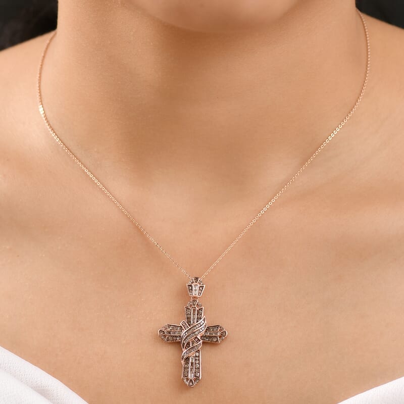 Natural Champagne Diamond 1.00 ctw Eternal Cross Pendant Necklace in 18K Vermeil Rose Gold Over Sterling Silver 20 Inches