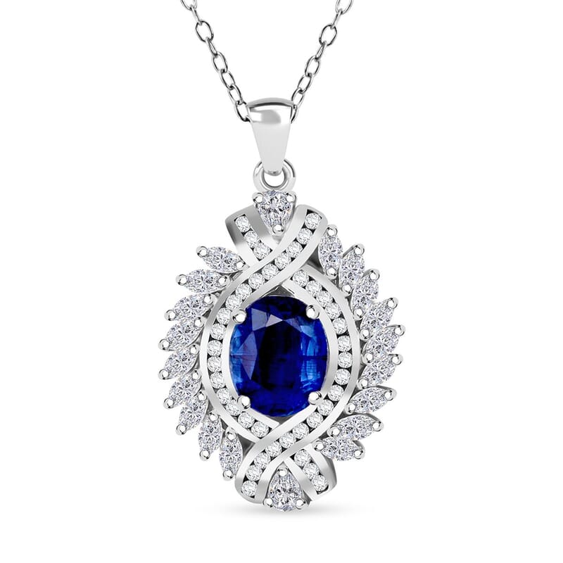 D'Joy Kashmir Kyanite and White Zircon 7.75 ctw Twilight Crest Pendant Necklace in Rhodium Over Sterling Silver 20 Inches
