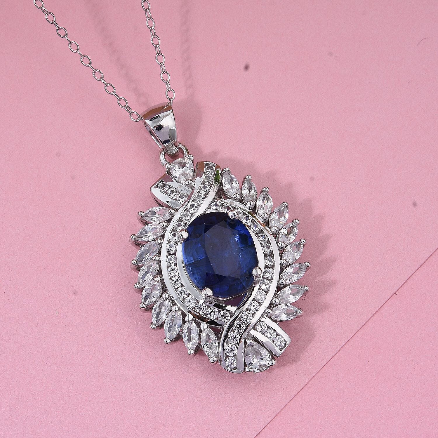D'Joy Kashmir Kyanite and White Zircon 7.75 ctw Twilight Crest Pendant Necklace in Rhodium Over Sterling Silver 20 Inches