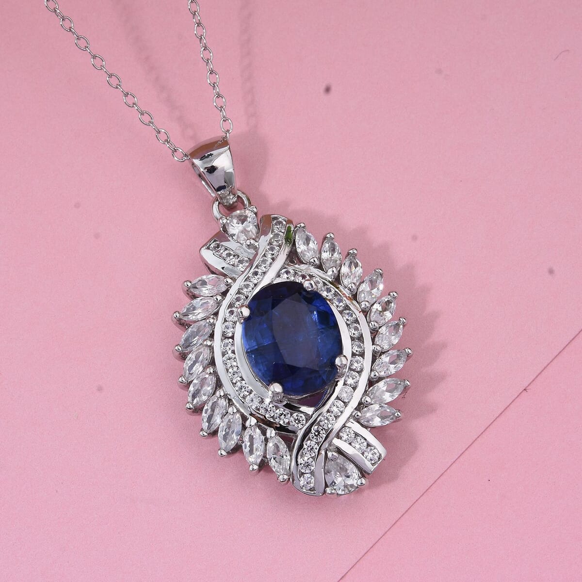 Kashmir Kyanite and White Zircon 7.75 ctw Pendant Necklace in Rhodium Over Sterling Silver 20 Inches image number 1