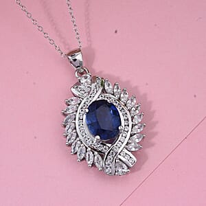 D'Joy Kashmir Kyanite and White Zircon 7.75 ctw Twilight Crest Pendant Necklace in Rhodium Over Sterling Silver 20 Inches