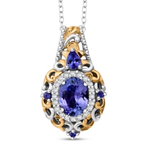 D'Joy Tanzanite and White Zircon 1.75 ctw Pendant Necklace in Vermeil YG and Rhodium Over Sterling Silver 20 Inches