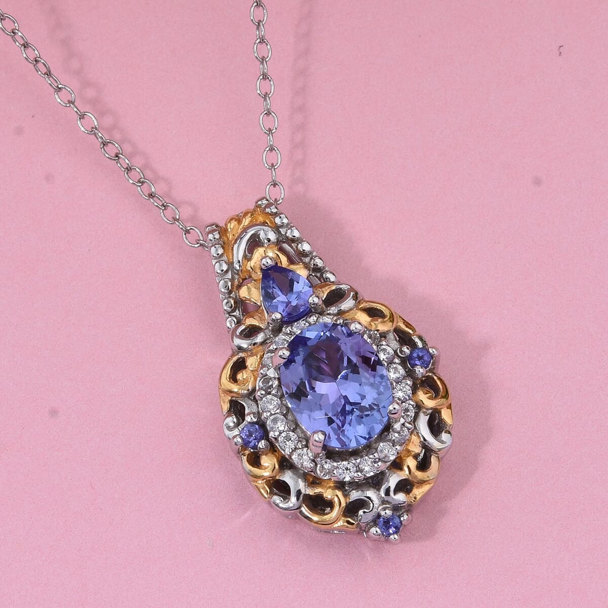 D'Joy Tanzanite and White Zircon 1.75 ctw Pendant Necklace in Vermeil YG and Rhodium Over Sterling Silver 20 Inches image number 1