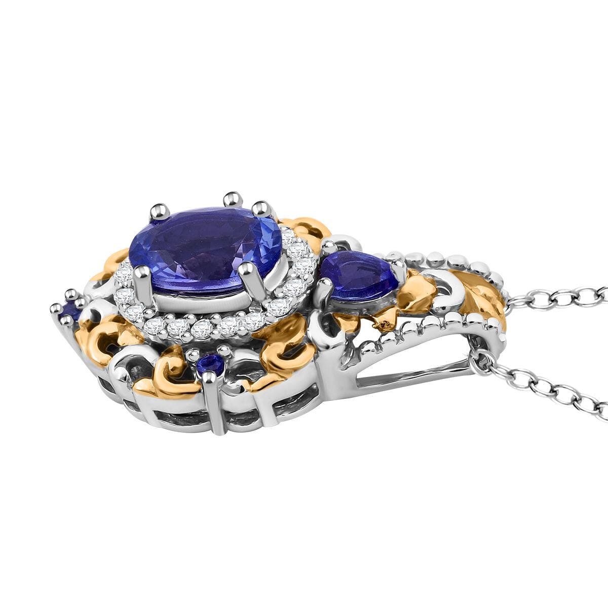 D'Joy Tanzanite and White Zircon 1.75 ctw Pendant Necklace in Vermeil YG and Rhodium Over Sterling Silver 20 Inches image number 3