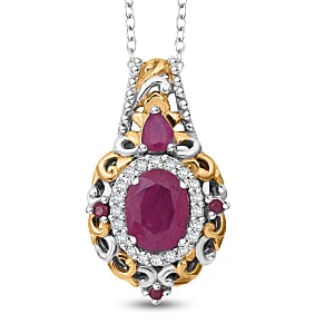 D'Joy Mozambique Ruby and White Zircon 2.00 ctw Blooming Lotus Pendant Necklace in Vermeil YG and Rhodium Over Sterling Silver 20 Inches