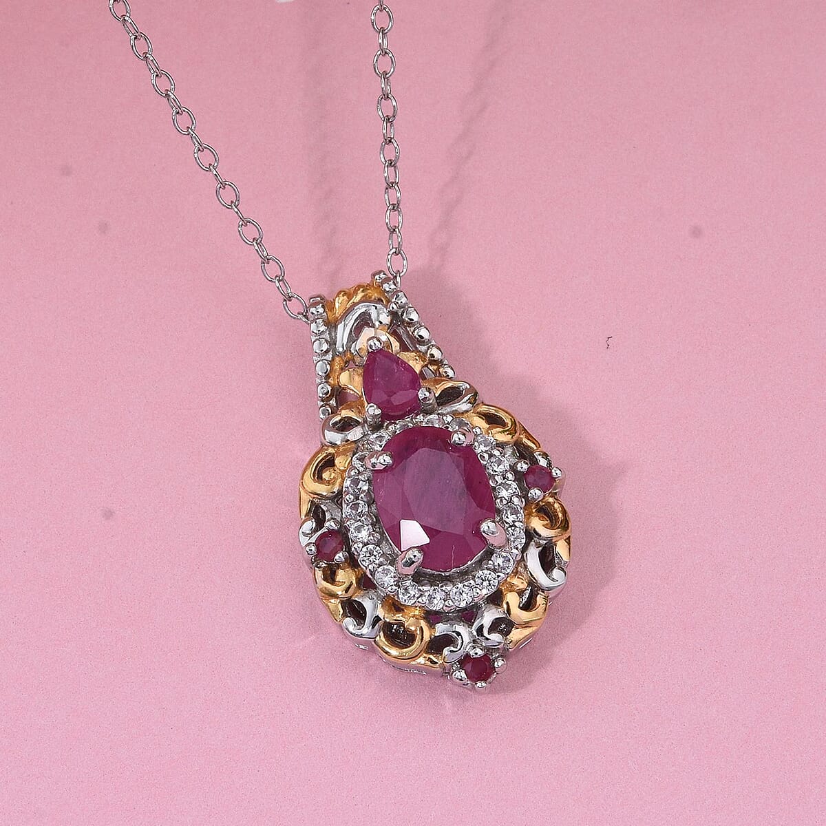 D'Joy Mozambique Ruby and White Zircon 2.00 ctw Blooming Lotus Pendant Necklace in Vermeil YG and Rhodium Over Sterling Silver 20 Inches image number 1