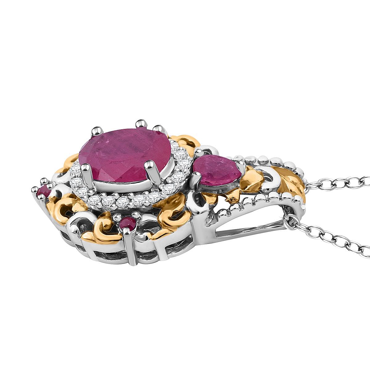 D'Joy Mozambique Ruby and White Zircon 2.00 ctw Blooming Lotus Pendant Necklace in Vermeil YG and Rhodium Over Sterling Silver 20 Inches image number 3