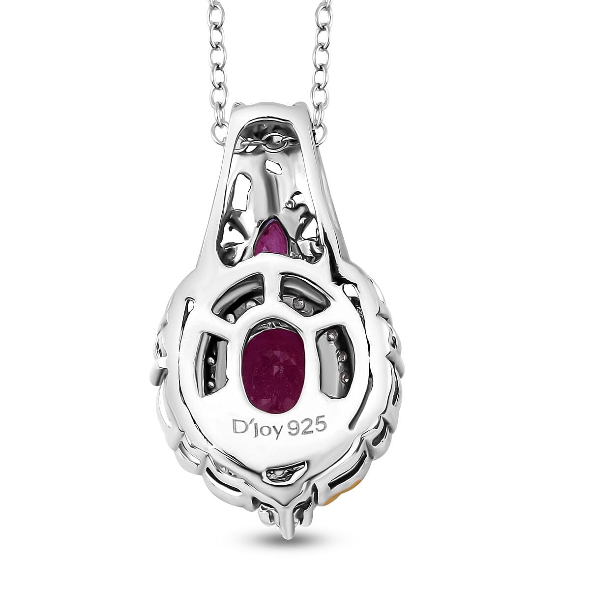 D'Joy Mozambique Ruby and White Zircon 2.00 ctw Blooming Lotus Pendant Necklace in Vermeil YG and Rhodium Over Sterling Silver 20 Inches image number 4