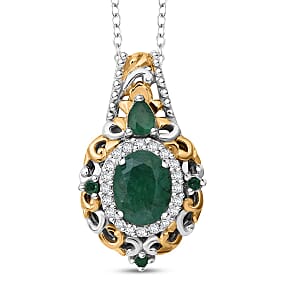 D'Joy Kagem Zambian Emerald and White Zircon 1.60 ctw Blooming Lotus Pendant Necklace in Vermeil YG and Rhodium Over Sterling Silver 20 Inches