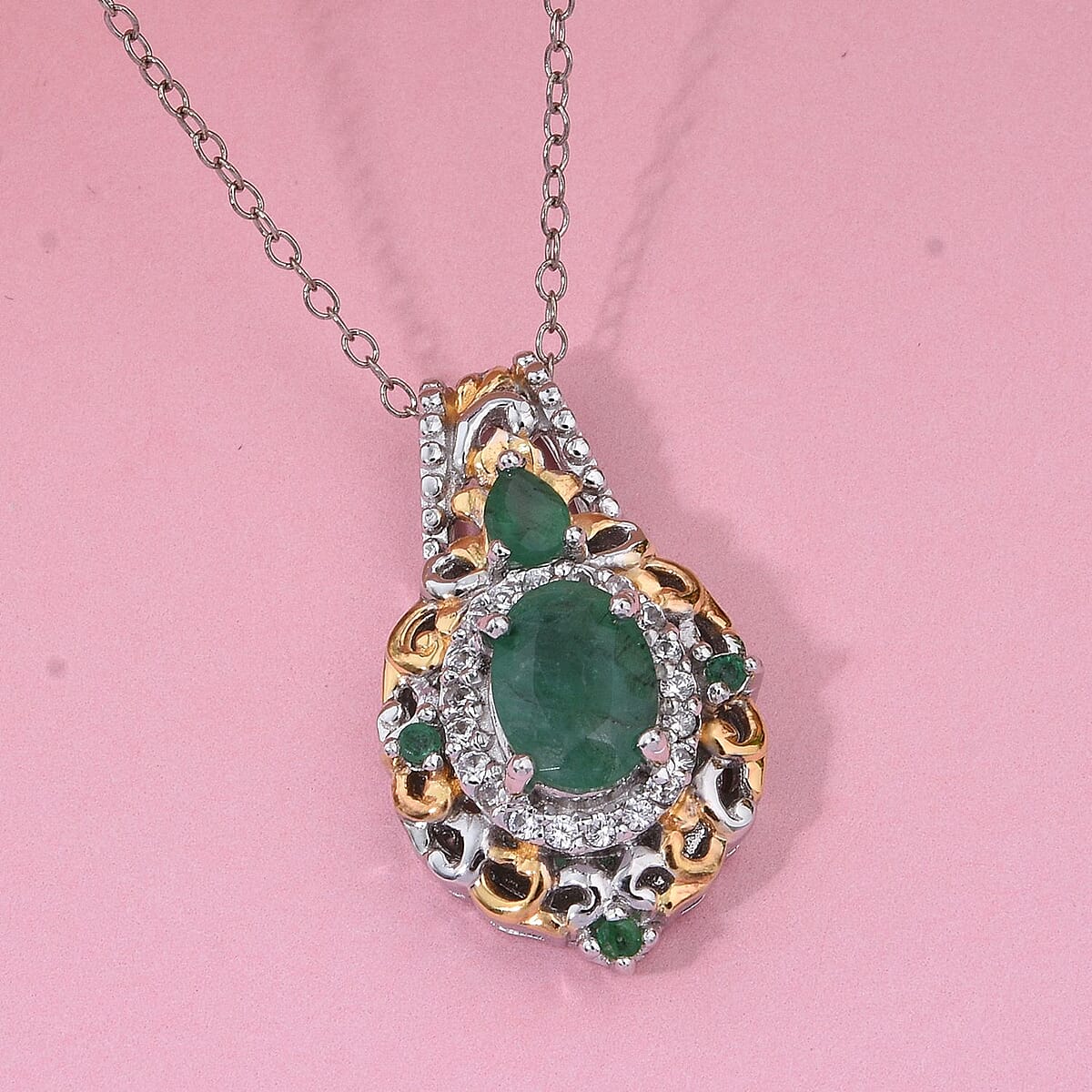 D'Joy Kagem Zambian Emerald and White Zircon 1.60 ctw Blooming Lotus Pendant Necklace in Vermeil YG and Rhodium Over Sterling Silver 20 Inches image number 1