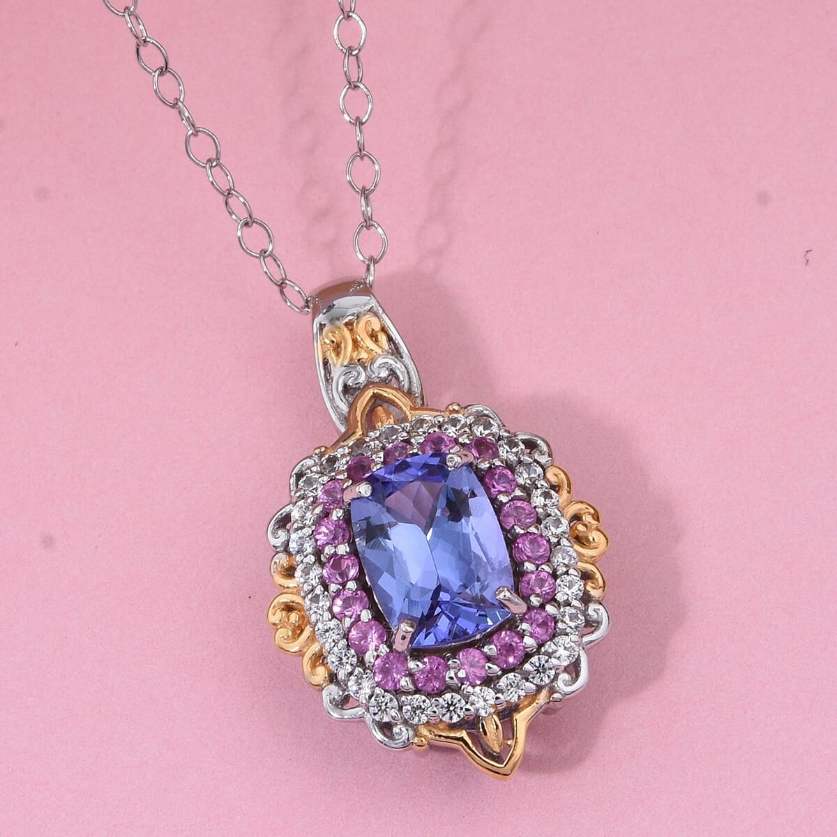 TLV Tanzanite, Multi Gemstone Pendant Necklace (20 Inches) in Vermeil YG and Rhodium Over Sterling Silver 2.20 ctw image number 1