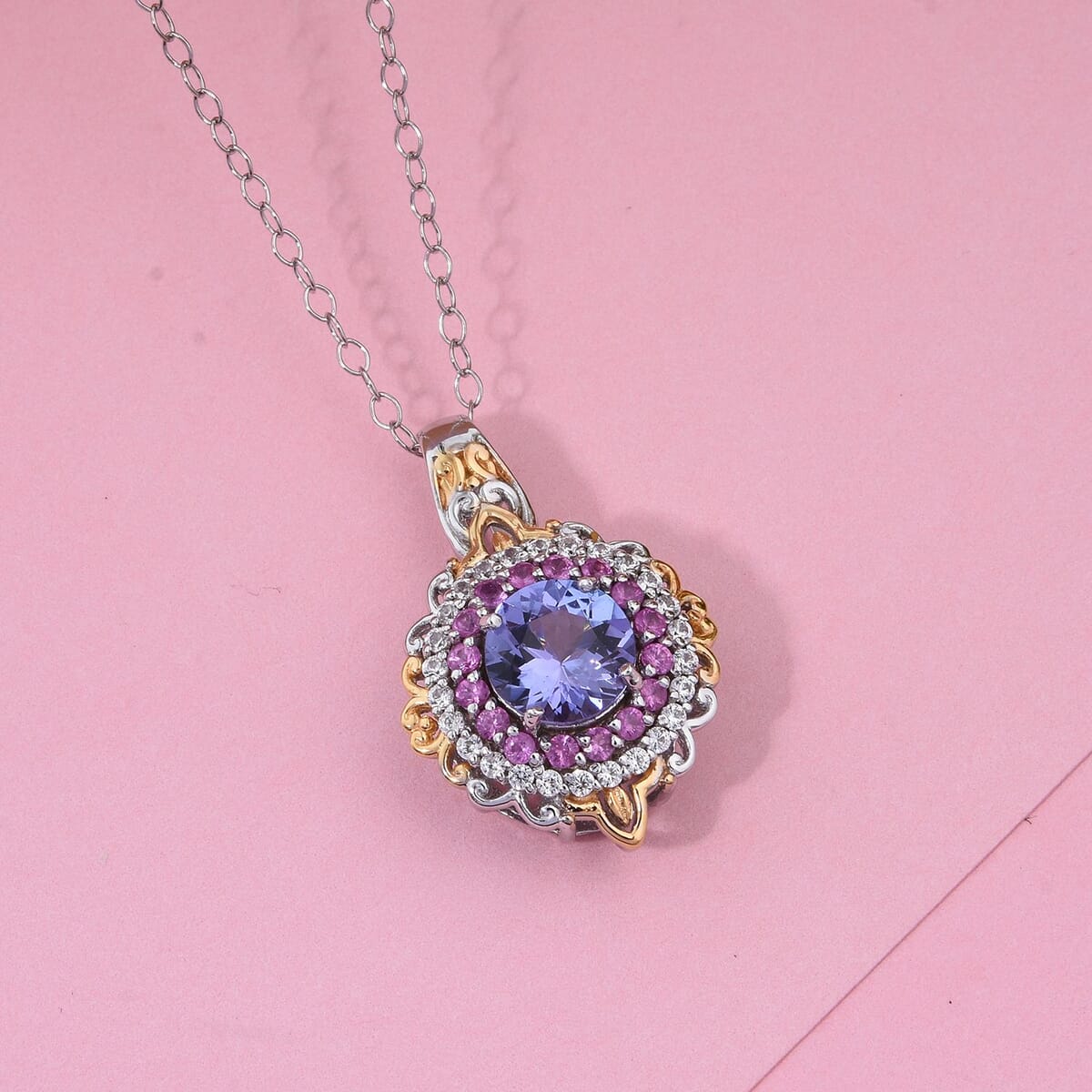 D'Joy Tanzanite and Multi Gemstone 2.00 ctw Celestial Harmony Pendant Necklace in Vermeil YG and Rhodium Over Sterling Silver 20 Inches image number 1