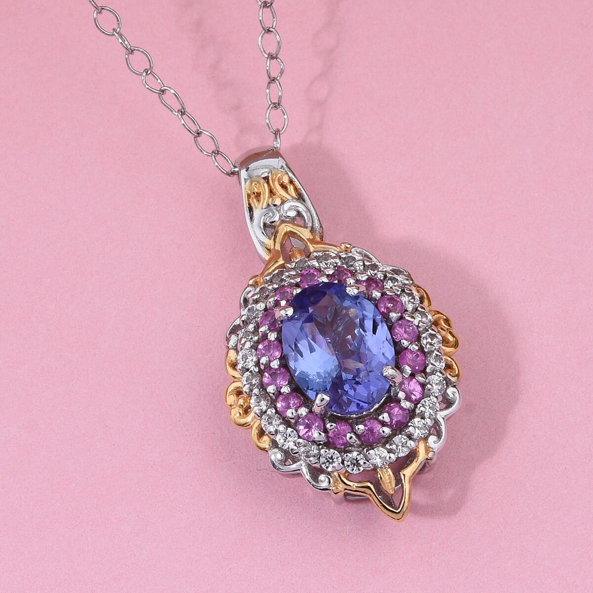 Tanzanite and Multi Gemstone 1.90 ctw Celestial Harmony Pendant Necklace in Vermeil YG and Rhodium Over Sterling Silver 20 Inches image number 1