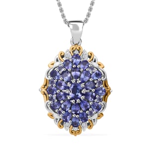 Tanzanite and White Zircon 4.25 ctw Floral Pendant Necklace in Vermeil YG and Rhodium Over Sterling Silver 20 Inches