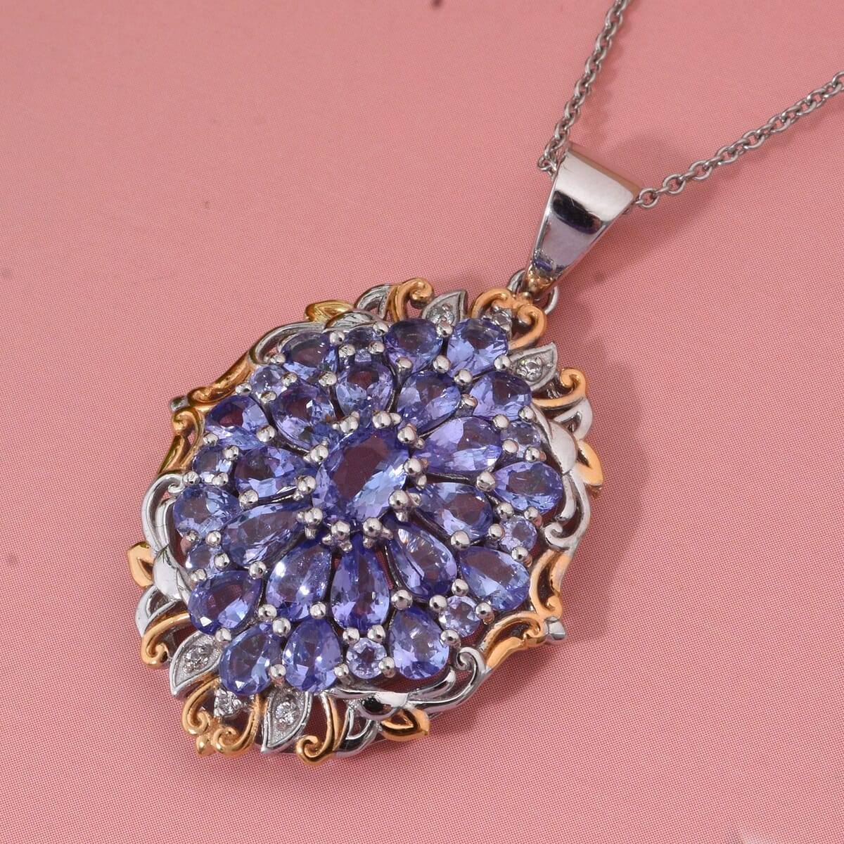 Tanzanite and White Zircon 4.25 ctw Floral Pendant Necklace in Vermeil YG and Rhodium Over Sterling Silver 20 Inches image number 1