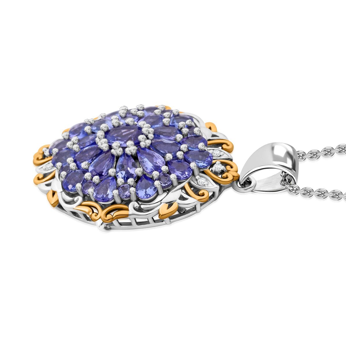 Tanzanite and White Zircon 4.25 ctw Floral Pendant Necklace in Vermeil YG and Rhodium Over Sterling Silver 20 Inches image number 3