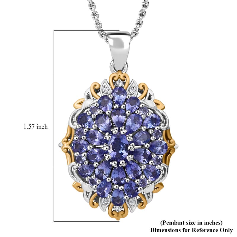 Tanzanite and White Zircon 4.25 ctw Floral Pendant Necklace in Vermeil YG and Rhodium Over Sterling Silver 20 Inches