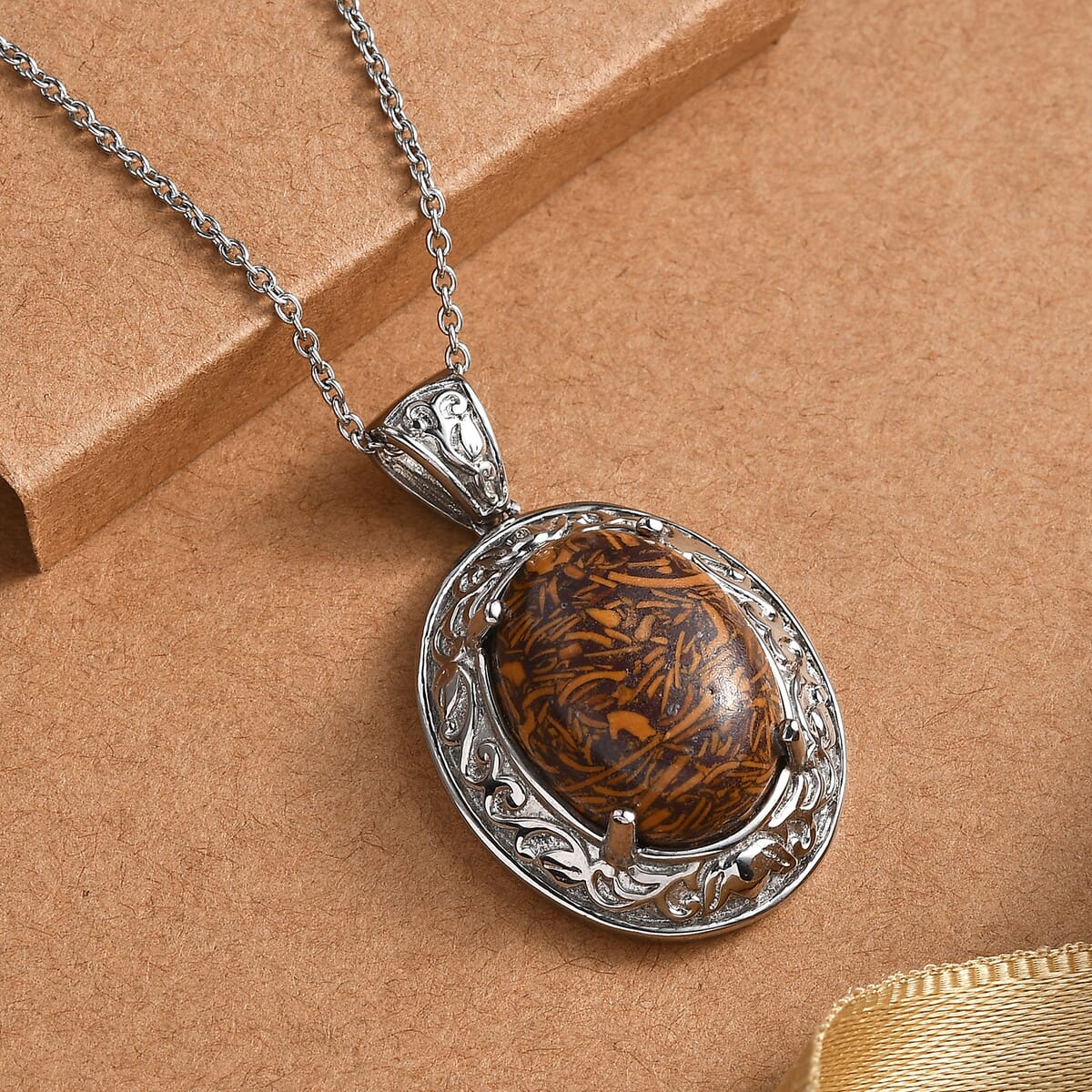 Script Stone 17.40 ctw Pendant Necklace in Stainless Steel 20 Inches image number 1